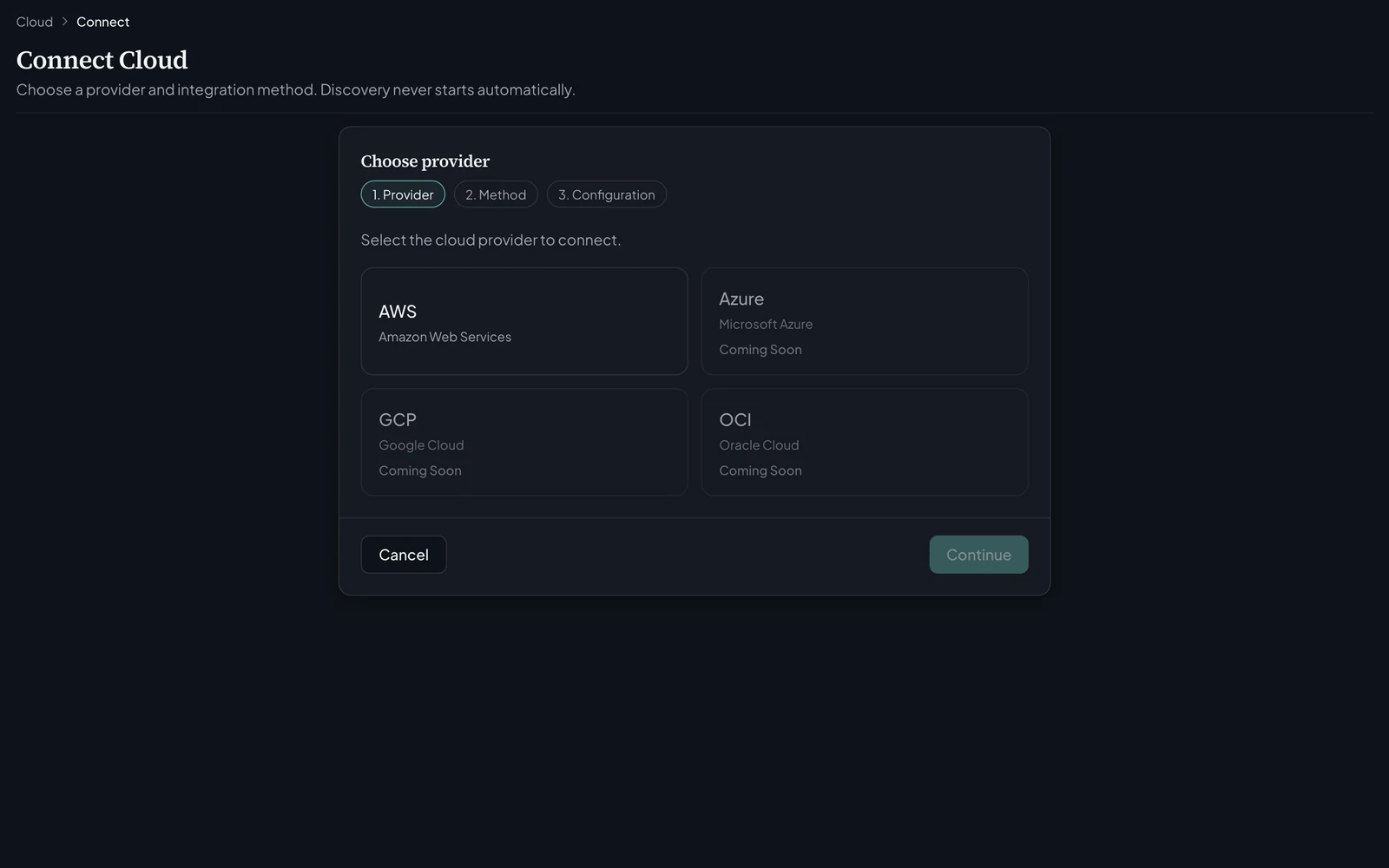 VeriKost Connect Cloud: choose a provider — AWS, with Azure, GCP and OCI coming soon