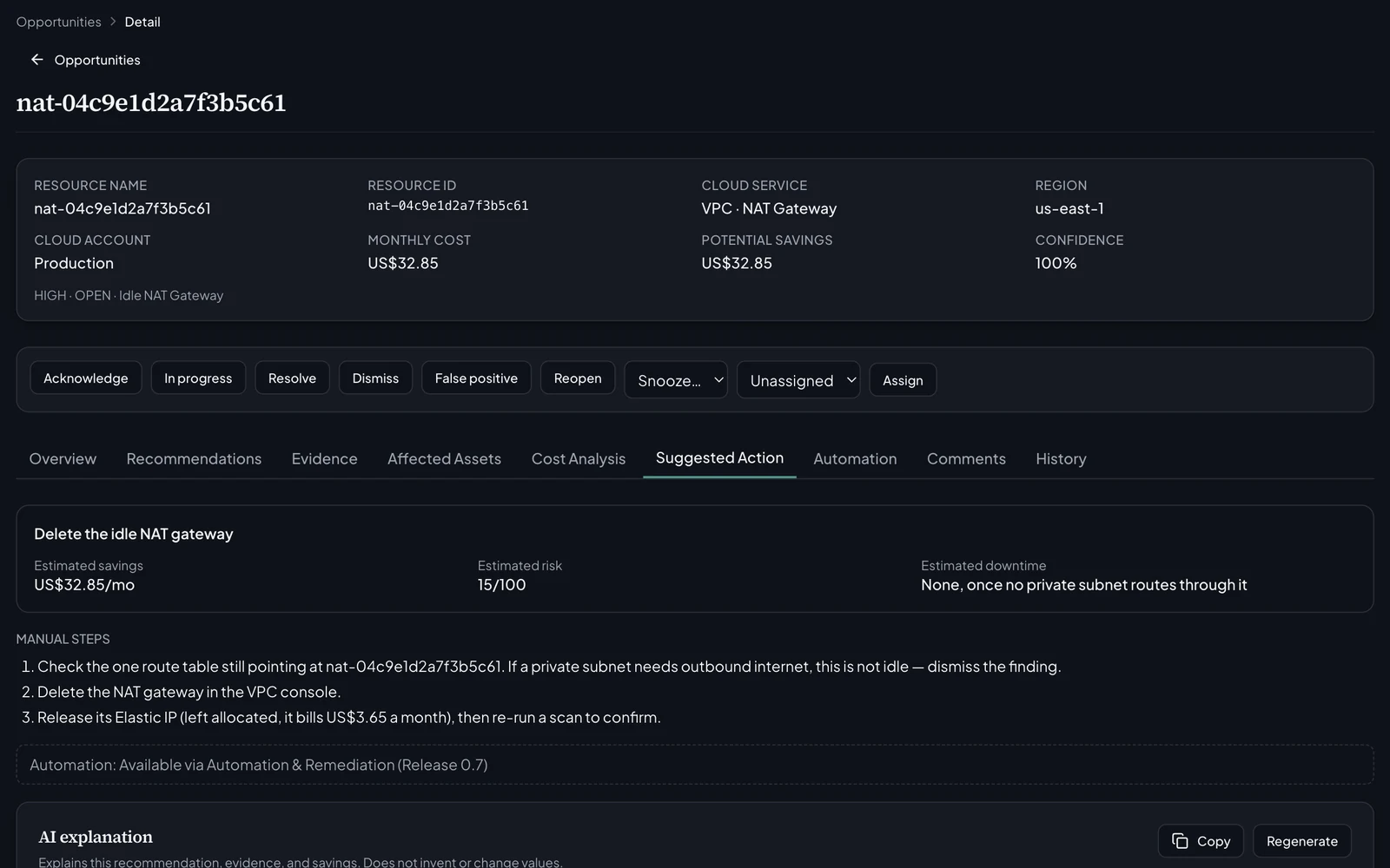 VeriKost finding detail, Suggested Action tab